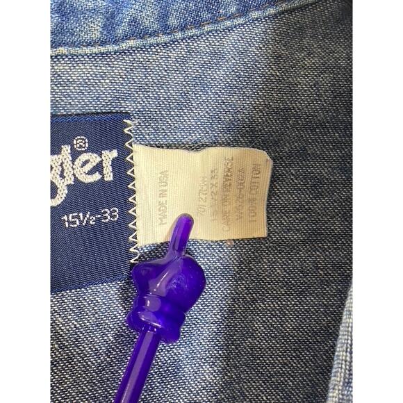 WRANGLER Men's Dark Blue Denim Regular-Fit Distressed Button-Up Shirt SZ 15.5 33 - Picture 13 of 14